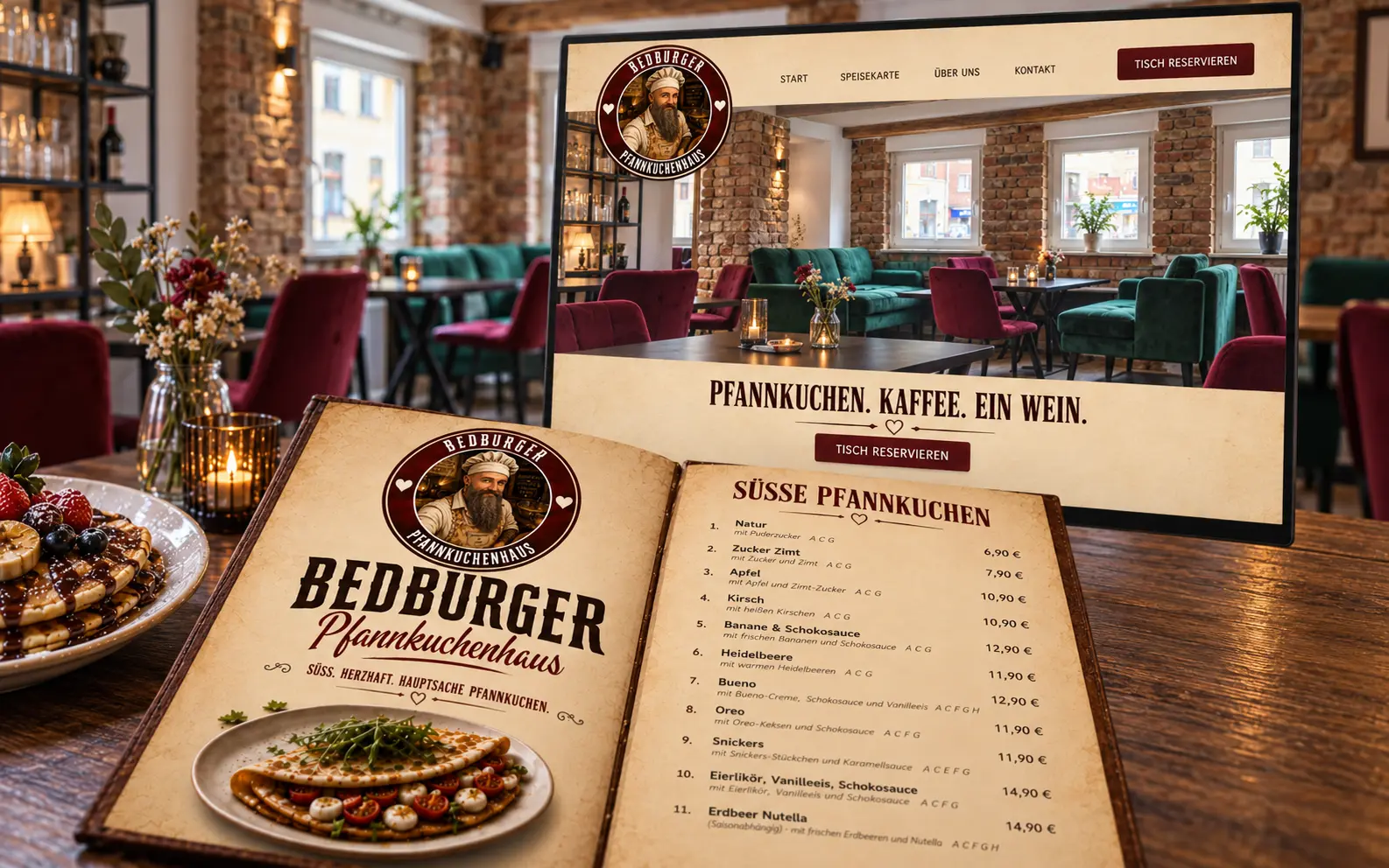Bedburger Pfannkuchenhaus Innenraum, Speisekarte und Gericht