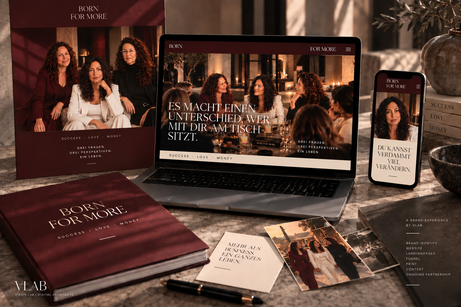 BORN FOR MORE Markenauftritt mit Website, Smartphone, Fotografie und Printmaterialien